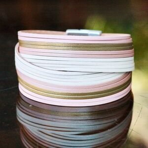 Handmade Vintage Inspired Wide Vegan Leather Cuff Bracelet in Pink and White